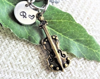 Small BRONZE CELLO KEYCHAIN personalized with initial charm - cello or violin musical instrument keychain or zipper pull - see all pix