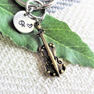 Small BRONZE CELLO KEYCHAIN personalized with initial charm - cello or violin musical instrument keychain or zipper pull - see all pix