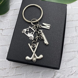 GOLF KEYCHAIN personalized with initial charm - golf clubs, golf bag, golf cart- gift for golfer - golf keychain, zipper pull or purse charm