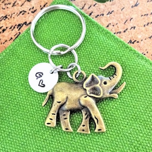 BRONZE ELEPHANT KEYCHAIN personalized with initial charm - elephant is the same on both sides - see all pix