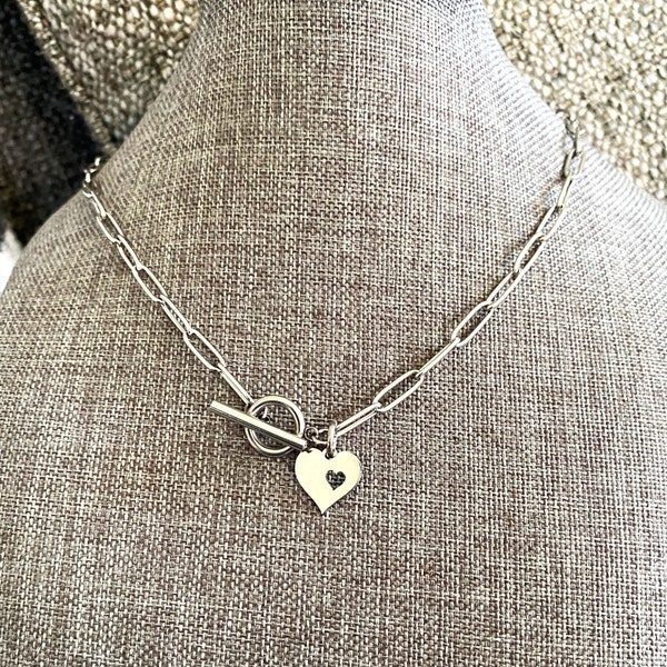 STAINLESS STEEL heart in heart necklace on stainless steel paper clip chain & toggle clasp can be worn in the front or back