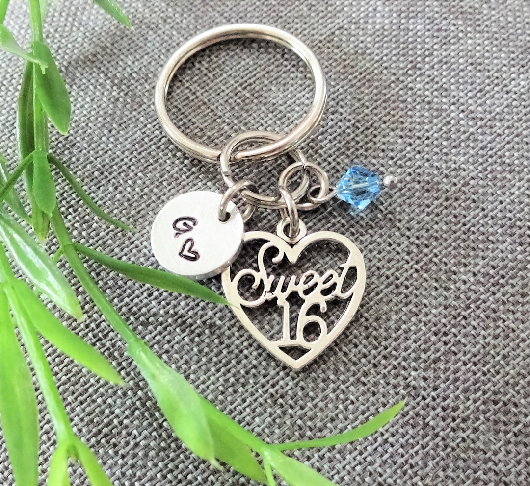 Sweet 16 BIRTHDAY KEYCHAIN Personalized W Initial Charm & Swarovski