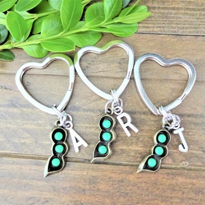 3 - PEAS in a POD in bronze & green - 3 PEAPOD keychains w initial charm on each (write initials in notes box) set 3 bff peapod keychains