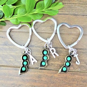 3 BFF keychains - PEAS in a POD keychains - order "1" for 3 keychains - choose 1 letter or 3 letters on each pea pod keychain,bronze & green