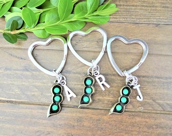 3 BFF keychains - PEAS in a POD keychains - order &quot;1&quot; for 3 keychains - choose 1 letter or 3 letters on each pea pod keychain,bronze & green