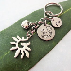 YOU are my SUNSHINE KEYCHAIN personalized with initial charm with heart and sun on stainless steel chain - keyring, zipper pull, purse charm