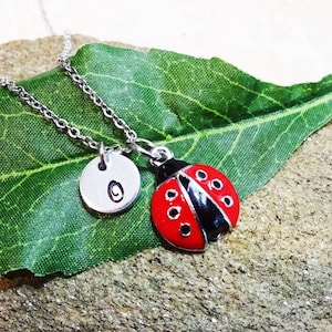 RED LADYBUG NECKLACE personalized with initial - red and black enamel ladybird necklace on a fine stainless steel chain