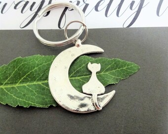 LARGE CAT on a MOON keychain - silver cat hammered look - measures 1-1/2 inches in diameter - cat keychain, purse charm or zipper pull