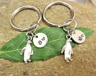 2 BFF or COUPLES small PENGUIN keychains personalized with initial charms - please order "1" for 2 keychains