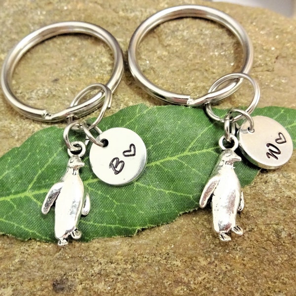 2 BFF or COUPLES small PENGUIN keychains personalized with initial charms - please order "1" for 2 keychains