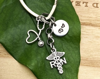 RN & heart STETHOSCOPE keychain personalized w initial charm - registered nurse keychain, purse charm, zipper pull, bag charm