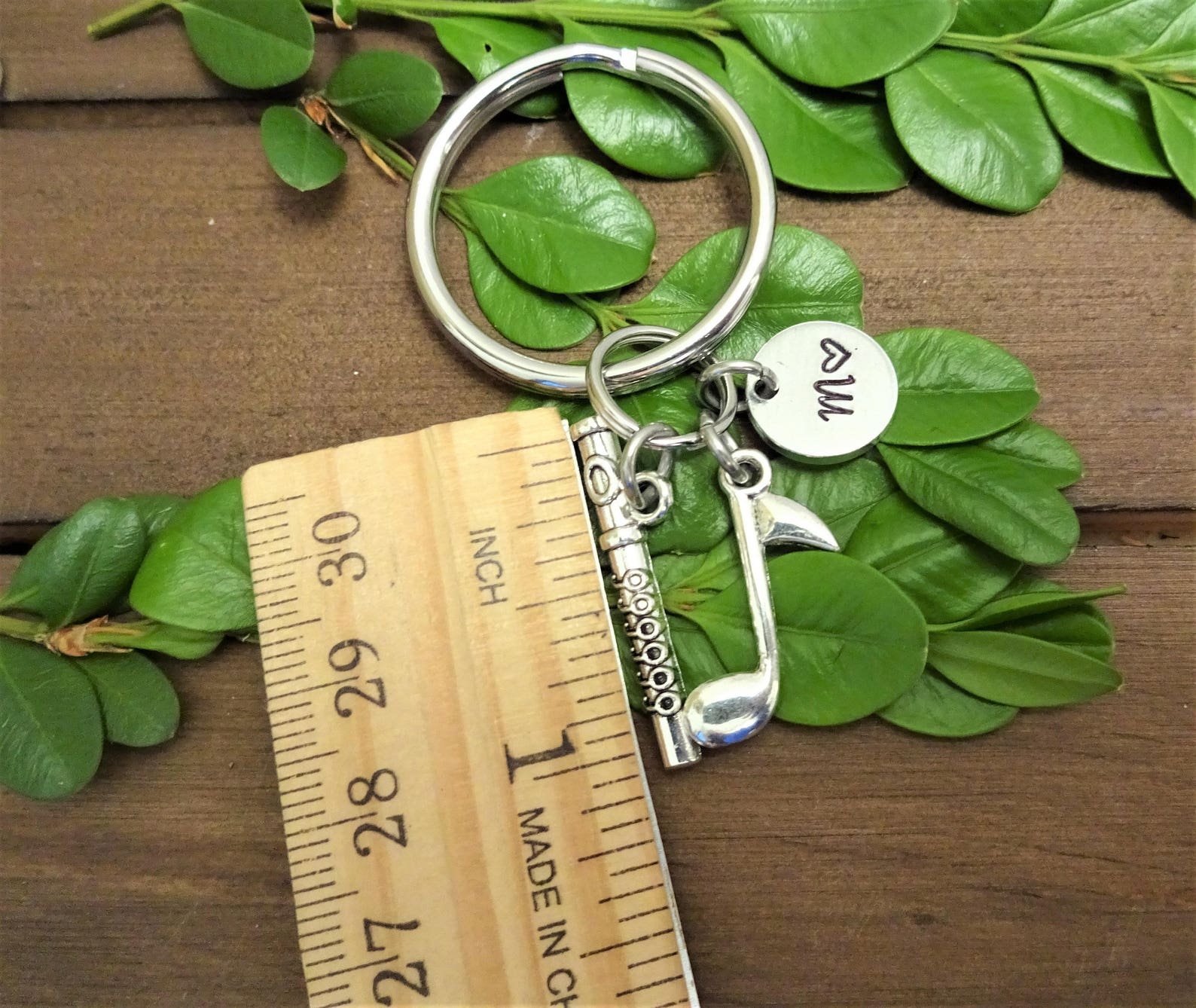 FLUTE KEYCHAIN with music note personalized with initial charm Etsy