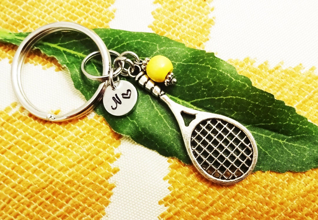 TENNIS KEYCHAIN Personalized With Initial Charm racquet, Yellow Ball