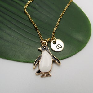 PENGUIN NECKLACE on a gold plated chain personalized with initial charm -  personalized gift