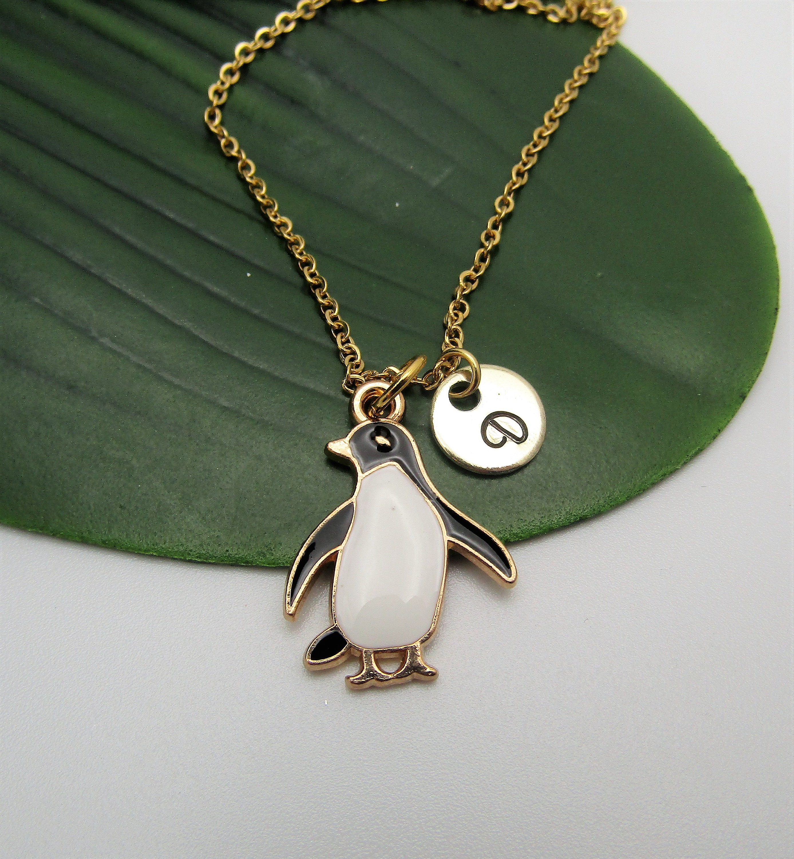 Small PENGUIN NECKLACE on a Gold Plated Chain Personalized With Initial Charm Personalized Gift Etsy