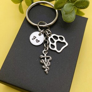 VETERINARIAN KEYCHAIN & PAW charm personalized with initial charm - vet caduceus - vet keychain, purse charm or zipper pull - see all pix