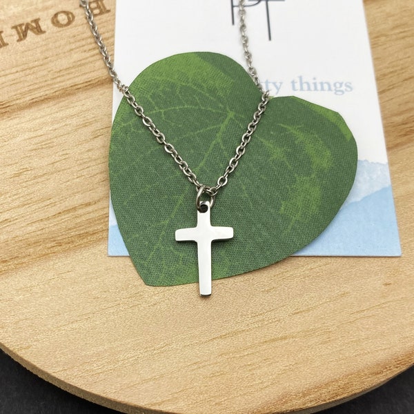 Stainless steel small minimalist CROSS NECKLACE - 17mm shiny small cross necklace, hypoallergenic, double sided cross necklace