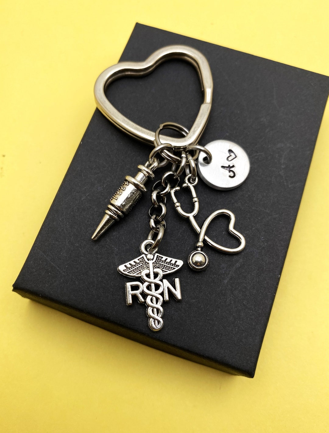 RN & Heart STETHOSCOPE Keychain Personalized W Initial Charm With 3D