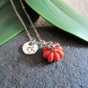 May include: A silver-toned chain necklace featuring a small, round, polished metal charm engraved with the letter K in a cursive script, paired with a bright orange, multi-lobed, pumpkin-shaped pendant hanging from the same silver-toned link.