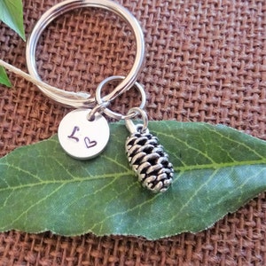 3D PINECONE KEYCHAIN personalized with initial charm- 3/4 inch pine cone antique silver tone pinecone  keychain or zipper pull - see all pix