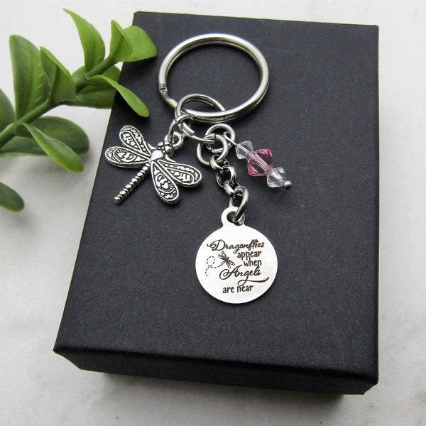 REMEMBRANCE KEYCHAIN with "Dragonflies appear when angels are near" with dragonfly charm and Swaroski crystals