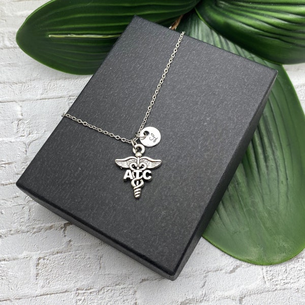 ATC NECKLACE  - Athletic Trainer Certified necklace caduceus in silver tone - with initial charm on a stainless chain - choose length