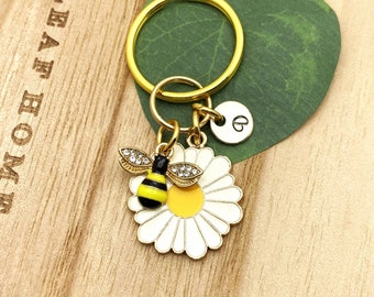 DAISY & BUMBLE BEE keychain personalized with initial charm - daisy and bumblebee black, yellow, gold tone