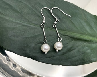 Stainless steel 8mm Swarovski long PEARL EARRINGS on stainless steel hooks or posts - non tarnish hypoallergenic earrings