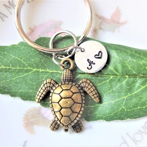 BRONZE SEA TURTLE keychain personalized with initial charm - turtle  keyring, purse charm or zipper pull - see all pix