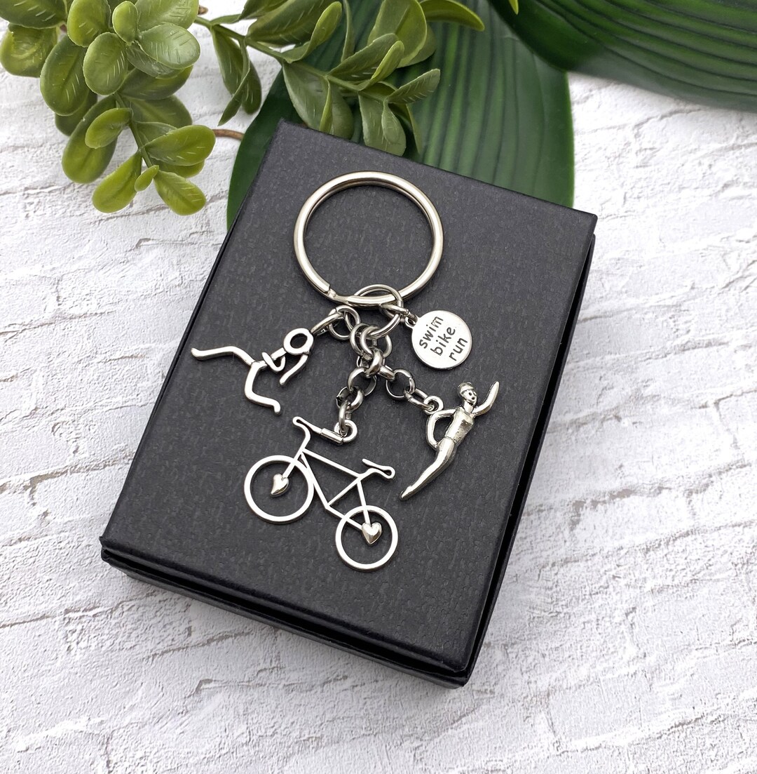 SWIM, BIKE, RUN Triathlon Keychain With Swimmer Girl, Running Girl