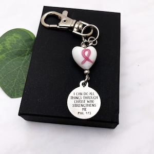 PINK RIBBON KEYCHAIN or purse charm with Bible verse &quot;I can do all things through Christ who strengthens me&quot; Phil 4:13