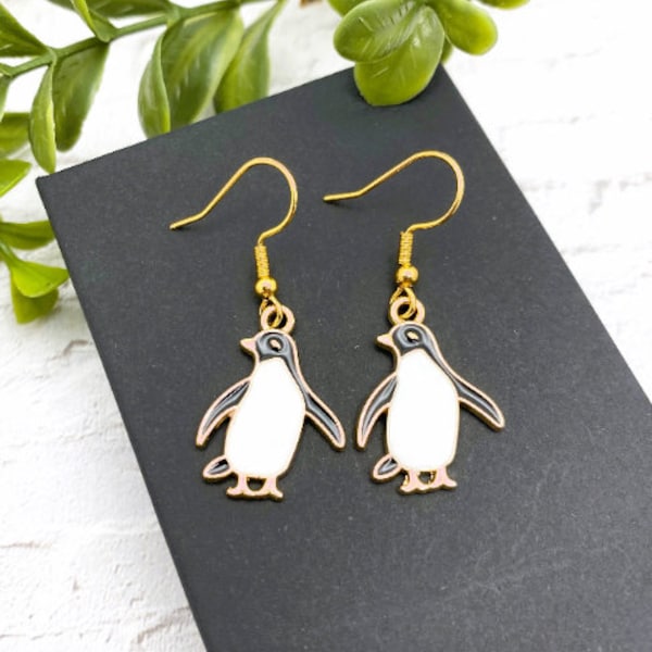 PENGUIN EARRINGS - black, white, gold enamel on gold plated stainless steel ear hooks (shown) or posts or lever backs or kidney wires