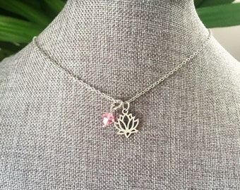 STAINLESS STEEL LOTUS flower necklace with Swarovski birthstone crystal or pearl - 1/2 inch minimalist necklace stainless steel, non tarnish