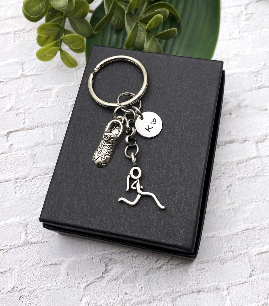 RUNNERS KEYCHAIN Running Girl and 3d Shoe Charm With Initial Charm