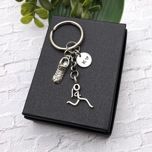 RUNNERS KEYCHAIN - running girl and 3d shoe charm with initial charm - keychain, zipper pull or purse charm