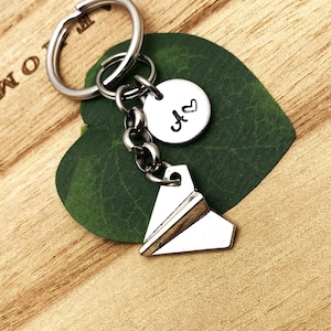 ORIGAMI AIRPLANE keychain personalized with initial charm - silver tone 3/4 inch paper airplane keyring - plane keyring, zipper pull