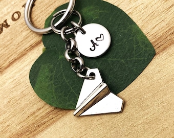 ORIGAMI AIRPLANE keychain personalized with initial charm - silver tone 3/4 inch paper airplane keyring - plane keyring, zipper pull