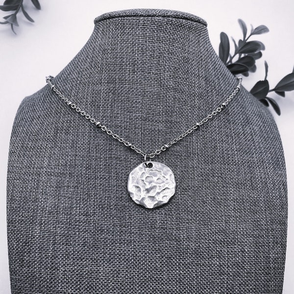 Large HAMMERED DISC NECKLACE on satellite chain all stainless steel, 1 inch round hammered disc, 2 sided,  non tarnish