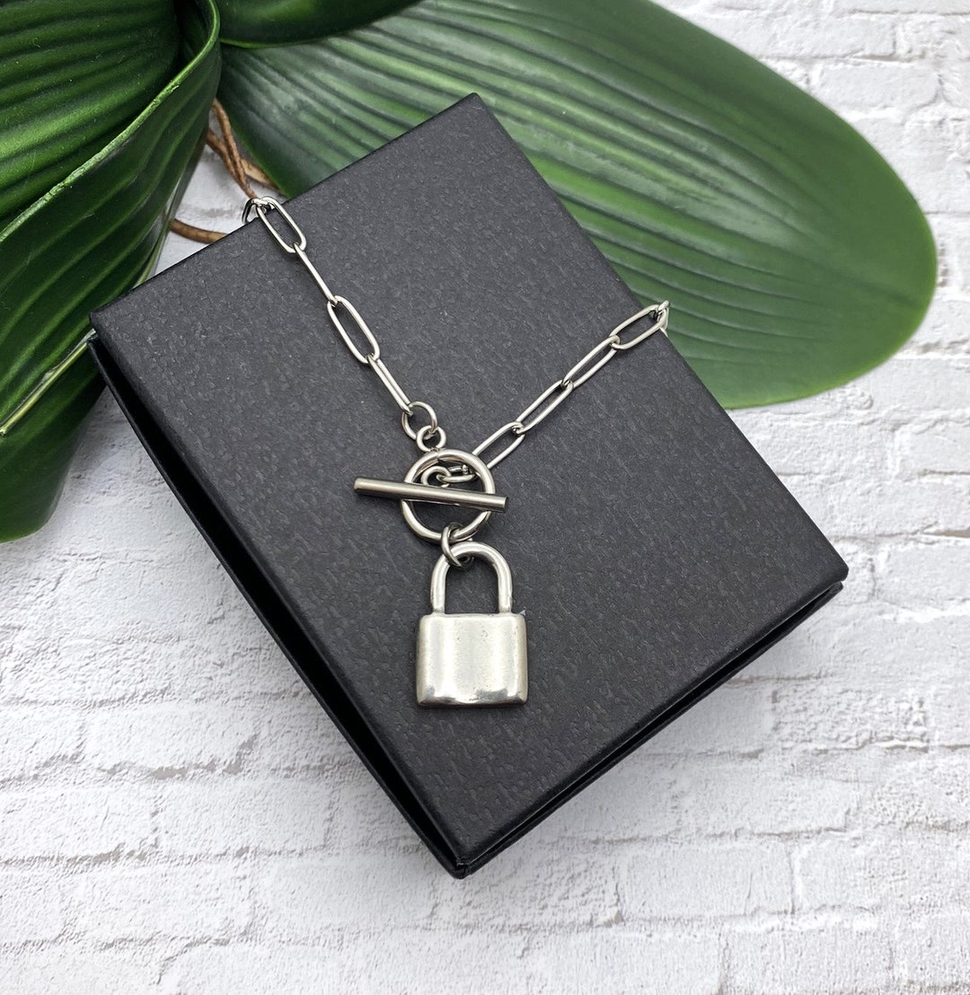Stainless Steel LOCK NECKLACE on a Paper Clip Chain With Toggle Clasp