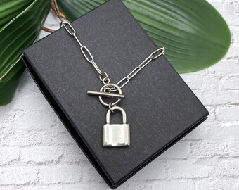 Stainless steel LOCK NECKLACE on a paper clip chain with toggle clasp, long link 12mm x 4mm links, non-tarnish hypoallergenic necklace