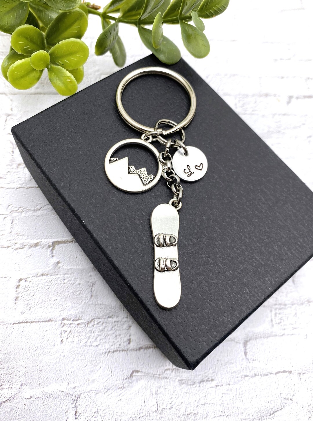 SNOWBOARD & MOUNTAINS KEYCHAIN Personalized With Hand Stamped Initial