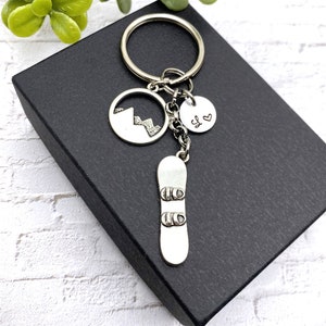 SNOWBOARD & MOUNTAINS KEYCHAIN personalized with hand stamped initial charm - snowboard keychain, zipper pull or purse charm - gift