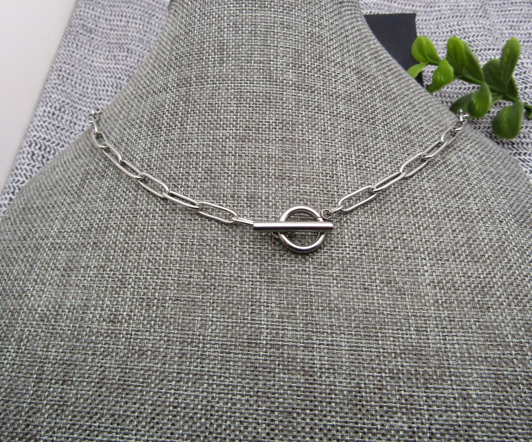 Stainless Steel PAPER CLIP Necklace With Toggle Clasp, Long Link Nontarnish Hypoallergenic 12mm
