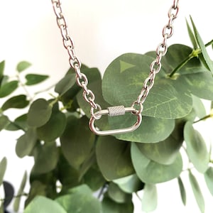 Stainless steel CARABINER NECKLACE on thick 6mm x 4.5mm (16 gauge) chain, 25x14mm carabiner unscrews to open, non-tarnish stainless steel