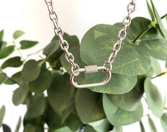 Stainless steel CARABINER NECKLACE on thick 6mm x 4.5mm (16 gauge) chain, 25x14mm carabiner unscrews to open, non-tarnish stainless steel