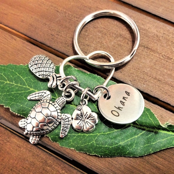 OHANA KEYCHAIN with pineapple, hibiscus flower, turtle on a heart - silver hibiscus, turtle keychain, purse charm, zipperpull - see all pix