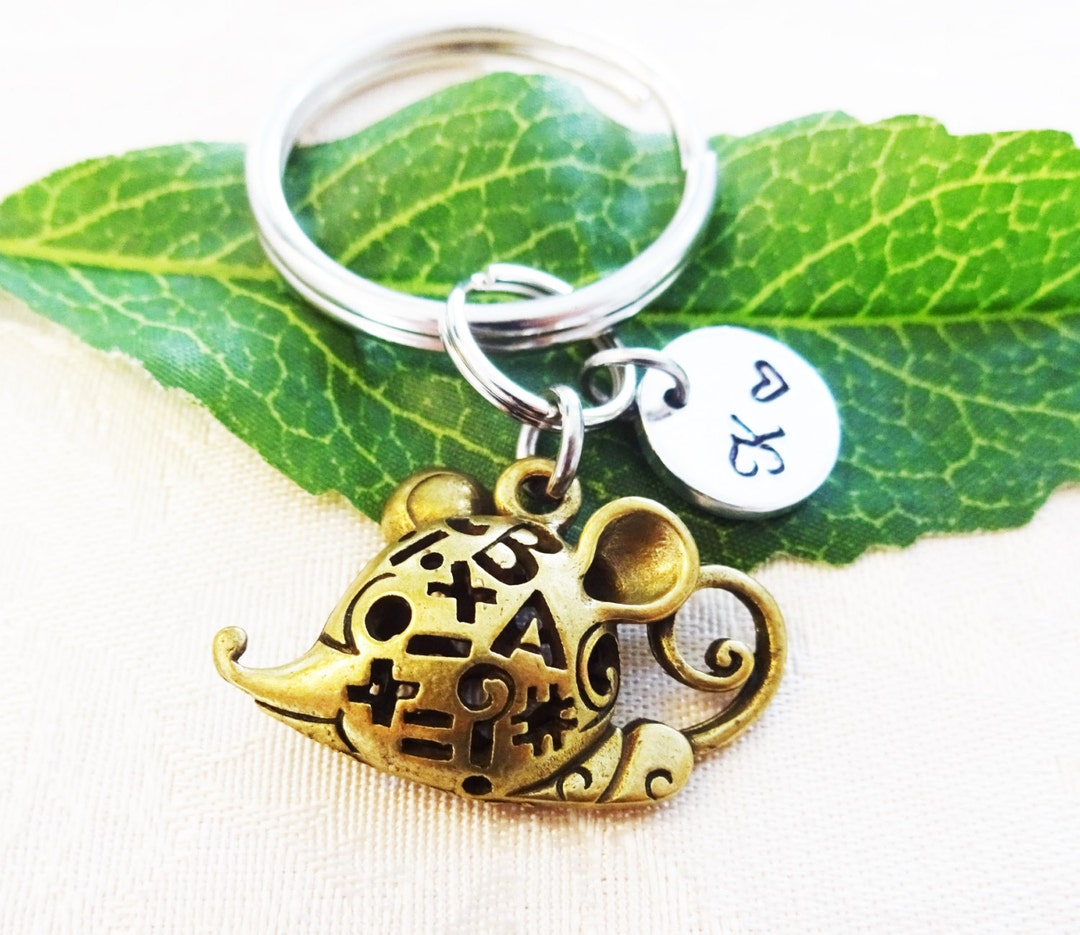 BRONZE MOUSE KEYCHAIN Personalized With Initial Charm Mouse Keychain