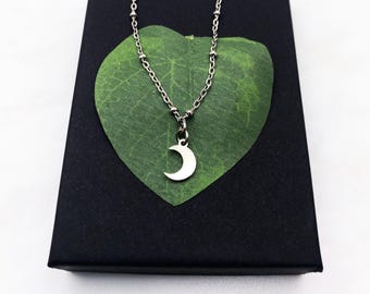 Stainless steel TINY MOON on SATELLITE chain necklace - lightweight, tiny moon .3 inch with loop .25 without loop, minimalist necklace
