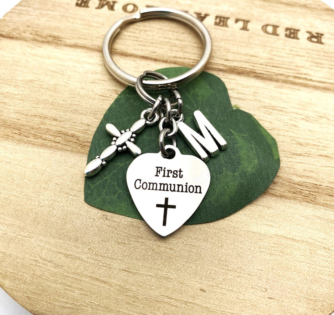 FIRST COMMUNION KEYCHAIN With Cross, Personalized With Initial Charm ...