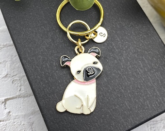White FRENCH BULLDOG KEYCHAIN personalized with initial charm - white, black, gold French bulldog keychain, zipper pull